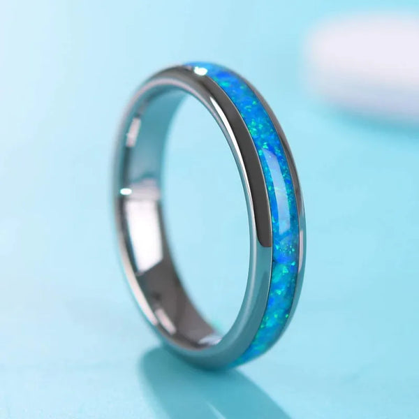 Fashion 4Mm Stainless Steel Thin Ring Men Ladies Red Blue Fire Opal Set Luxury Wedding Engagement Ring Jewelry