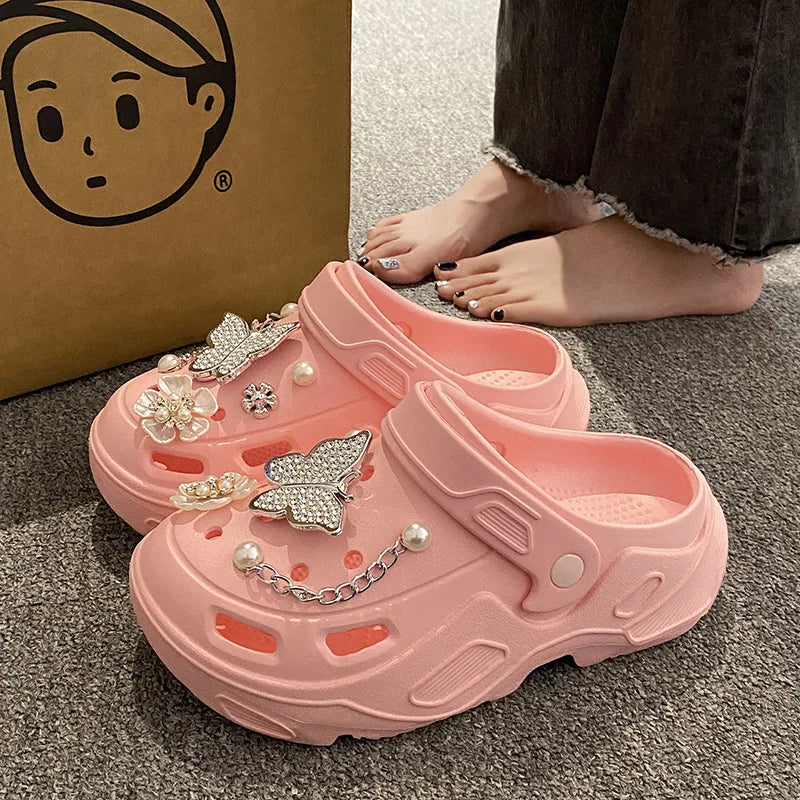 Women's Platform Clogs Slip On Slides Shoes Beach Sandals Gardener Clog Hight Heels Mule Slippers with Decor Accessories