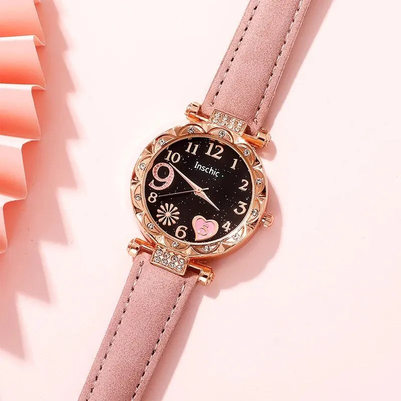 Women's Fashion Quartz Watch Luxury Pink Leather Band Analog WristWatch Ladies Watch Women Dress Bracelet Set Reloj Mujer Clock