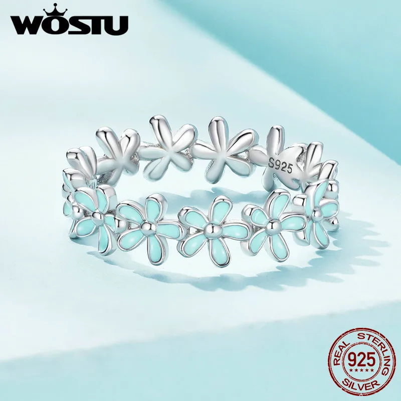 WOSTU Solid 925 Sterling Silver Blue Flower Party Rings For Women Korean Style Daisy Flower Ring Wedding Statement Jewelry Gift