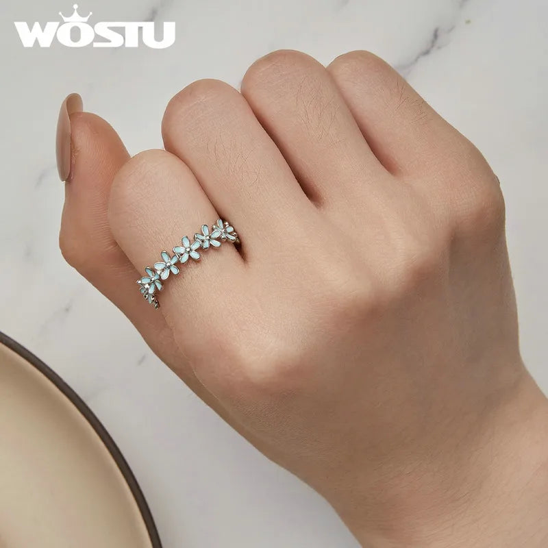 WOSTU Solid 925 Sterling Silver Blue Flower Party Rings For Women Korean Style Daisy Flower Ring Wedding Statement Jewelry Gift