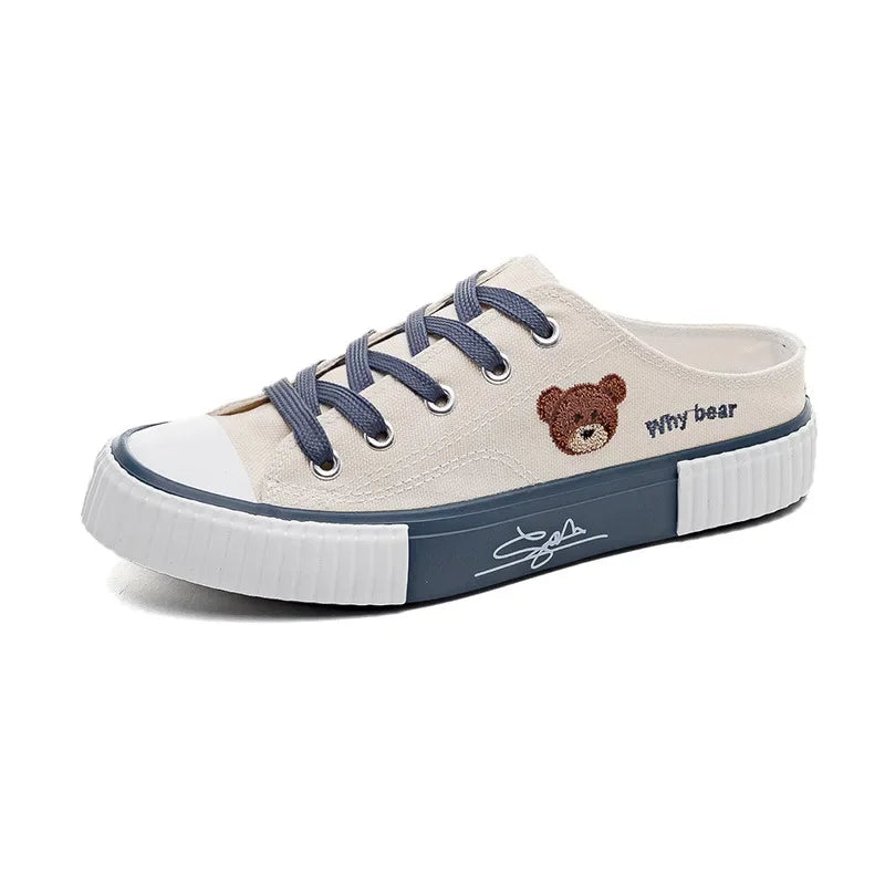 Women Cute Bear Canvas Shoes New Flat Casual All-match Half Slippers Korean Version Trend Lace Up Ladies Vulcanized Shoes 2024