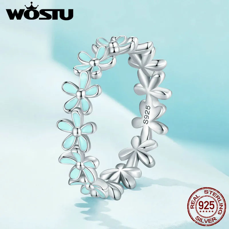 WOSTU Solid 925 Sterling Silver Blue Flower Party Rings For Women Korean Style Daisy Flower Ring Wedding Statement Jewelry Gift