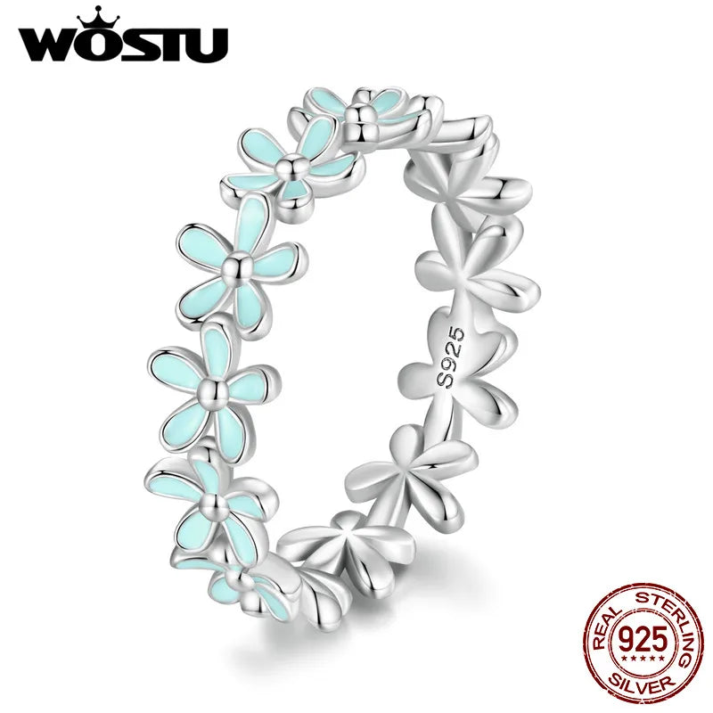 WOSTU Solid 925 Sterling Silver Blue Flower Party Rings For Women Korean Style Daisy Flower Ring Wedding Statement Jewelry Gift