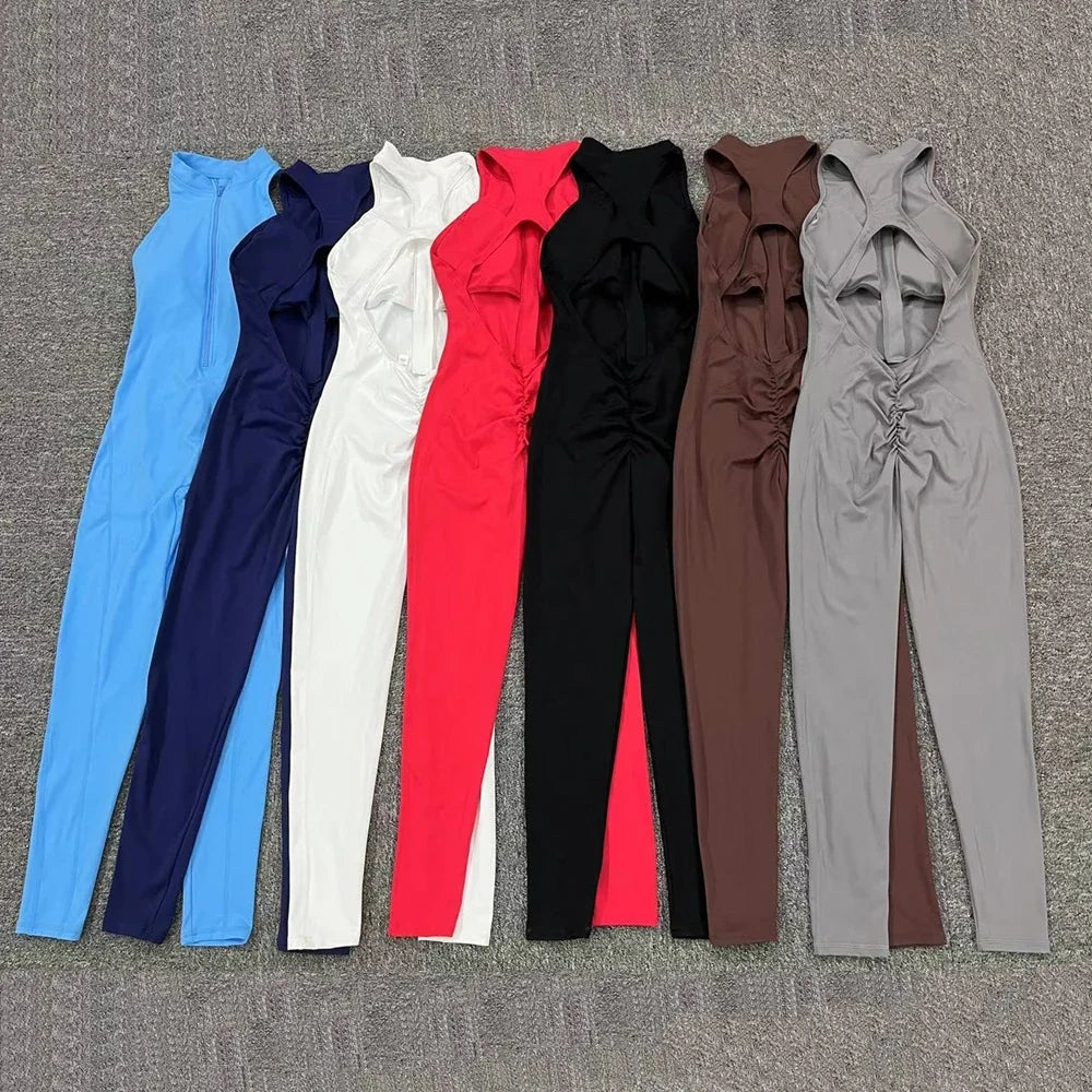Zipper Women Pad Yoga Jumpsuits One Piece Romper Workout Legging Bodysuit Sport Gym Active Suit Exercise Wear Womens Fitness