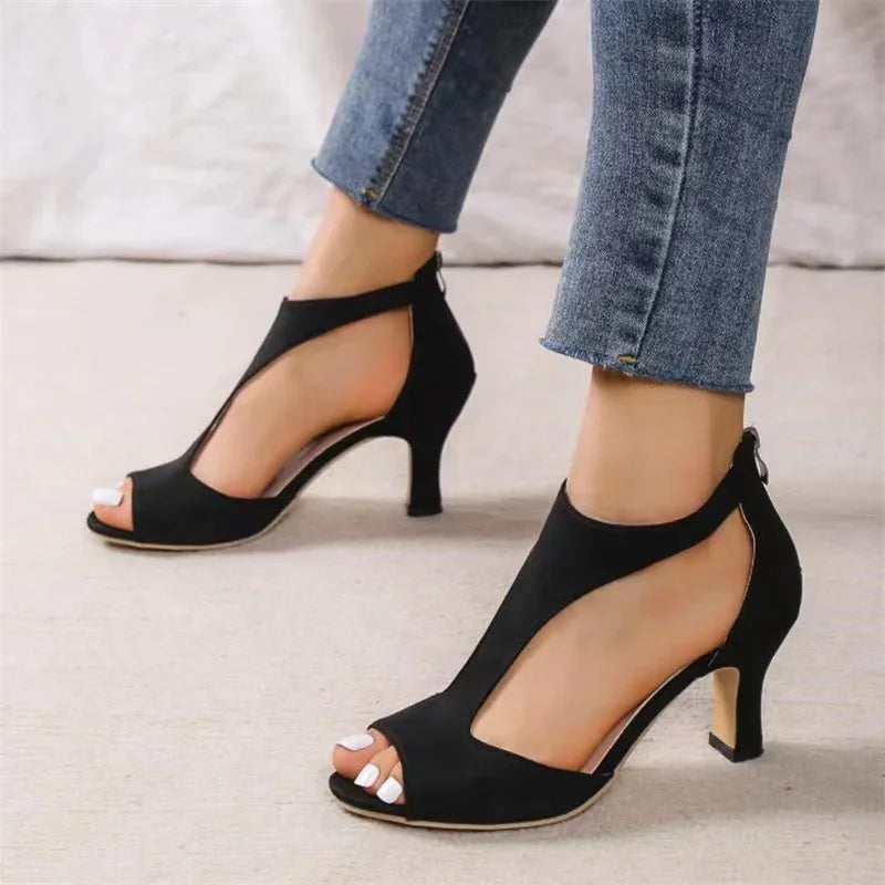 Shoes New 2024 Women High Quality Summer Woman Sandals Solid Color Rome Flock Mid Heel Zipper Open Toe Beach Sandals Female