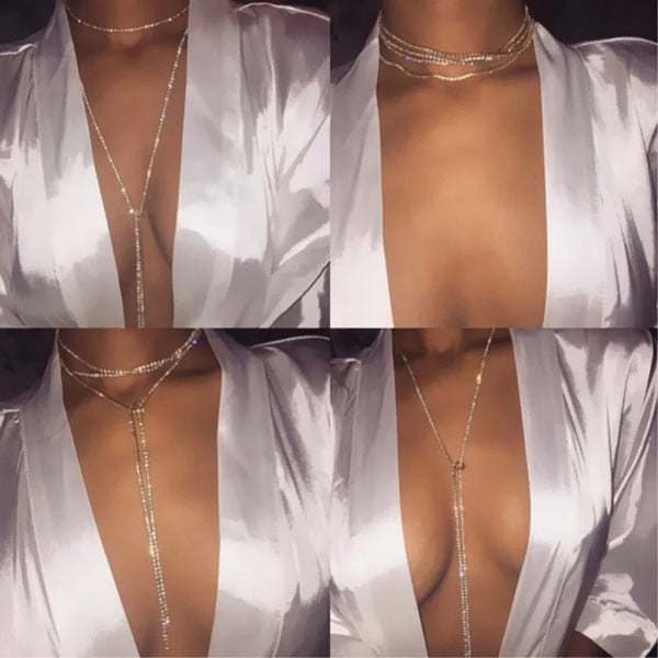 Rhinestone Body Chain Long Choker Necklace Sexy Layered Crystal Free Adjustment Thin Link Party Necklace Jewelry for Women Girls